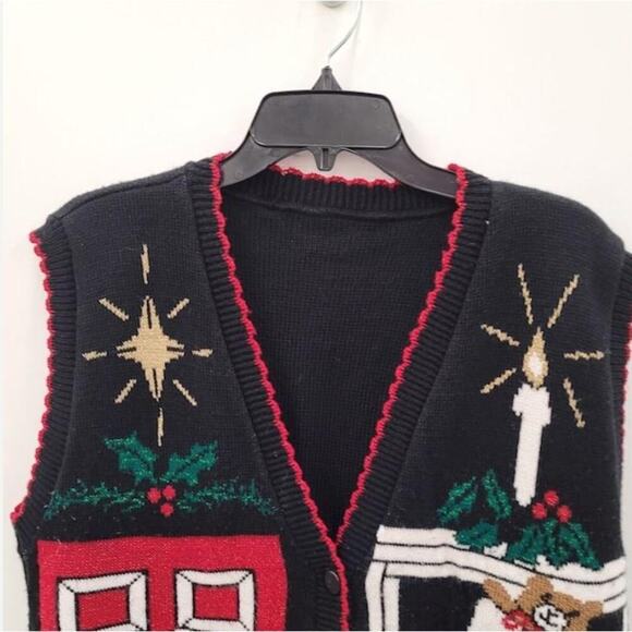 Holiday Time Womens Black Sleeveless Button Front Ugly Christmas Knit Cardigan L - Picture 6 of 7